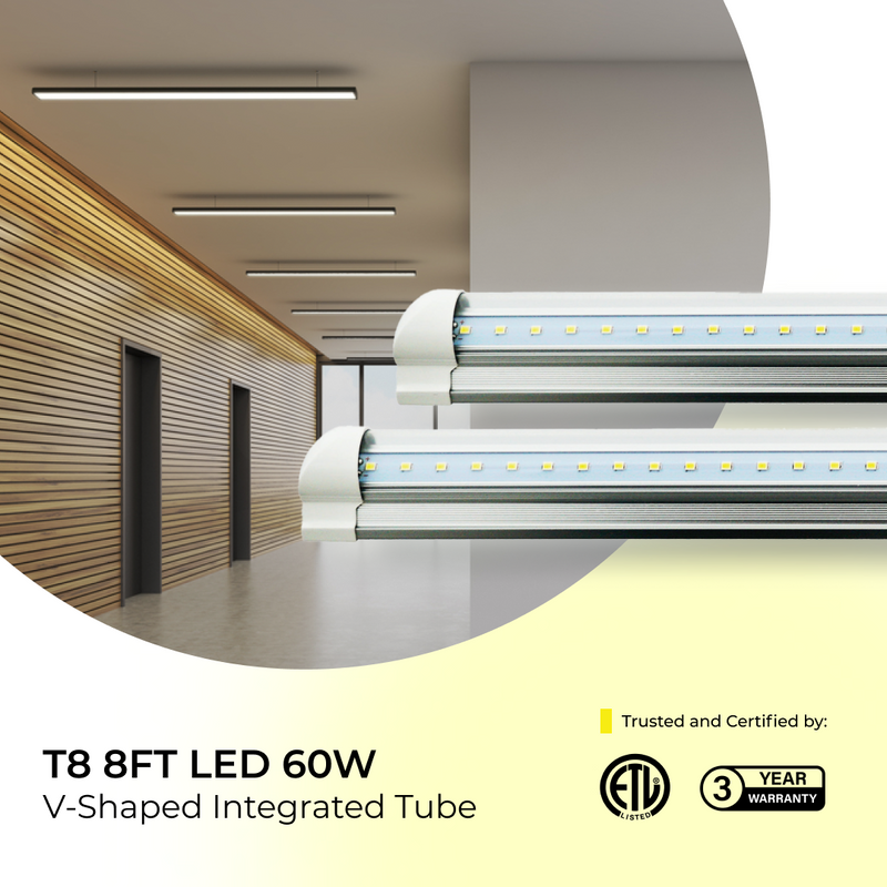 T8 8ft V - Shaped LED Integrated Tube Light 60W 7200 Lumens - Clear - ETL Listed 3 Year Warranty