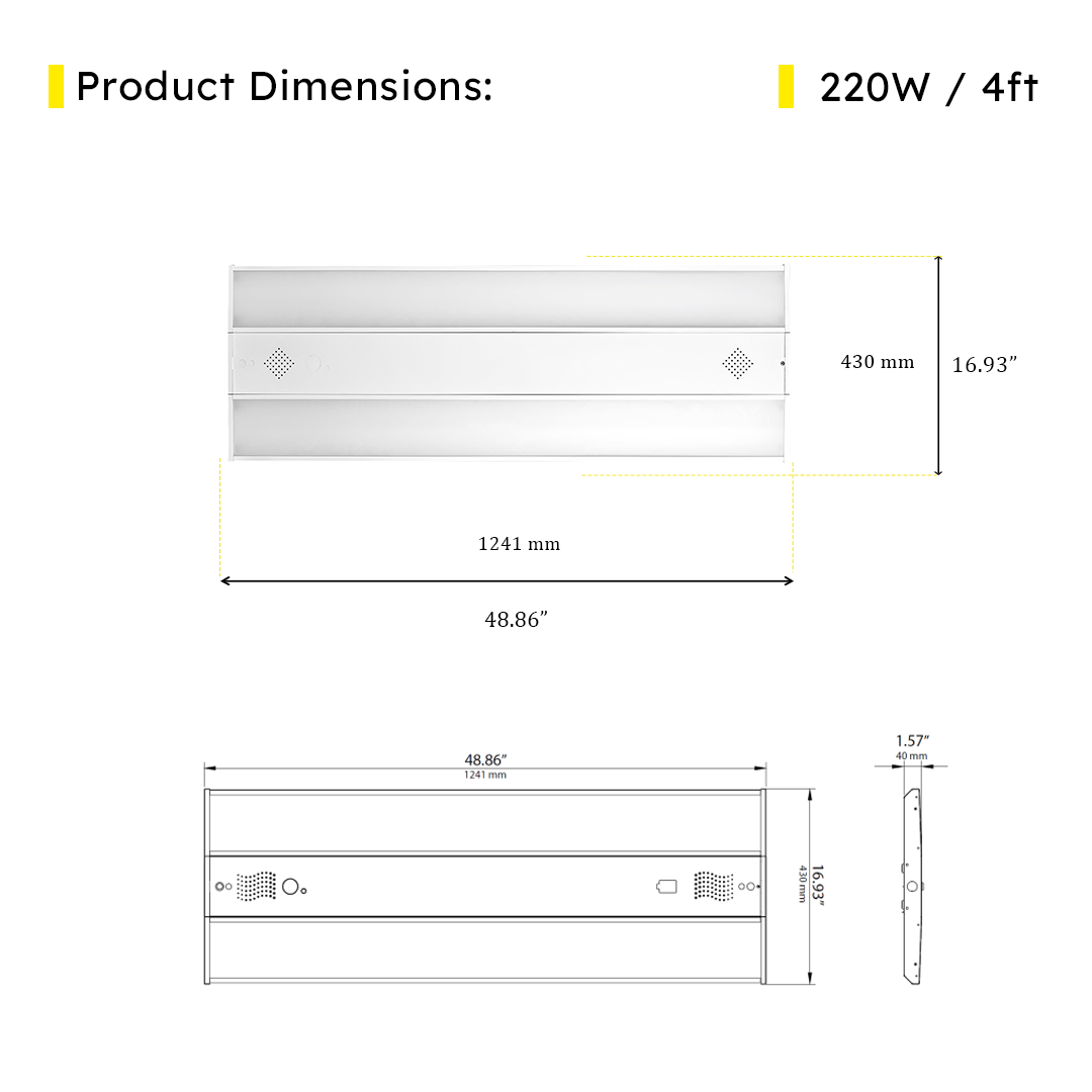 4ft LED Linear High Bay 220W 5000K 30600 Lumens - Frosted - DLC Premium 5 Year Warranty - Dimmable - Chain Mount