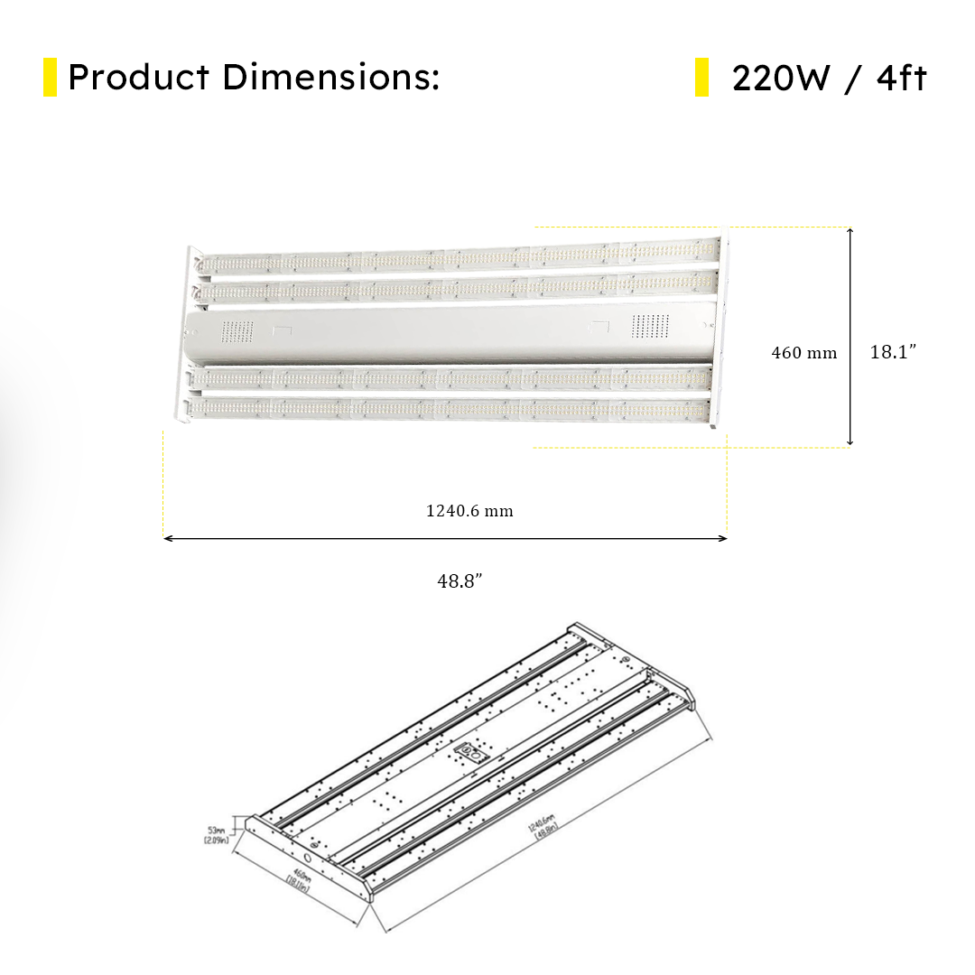 4ft LED Linear High Bay 220W 5000K 38500 Lumens UL DLC Premium 5 Year Warranty - Dimmable - Chain Mount