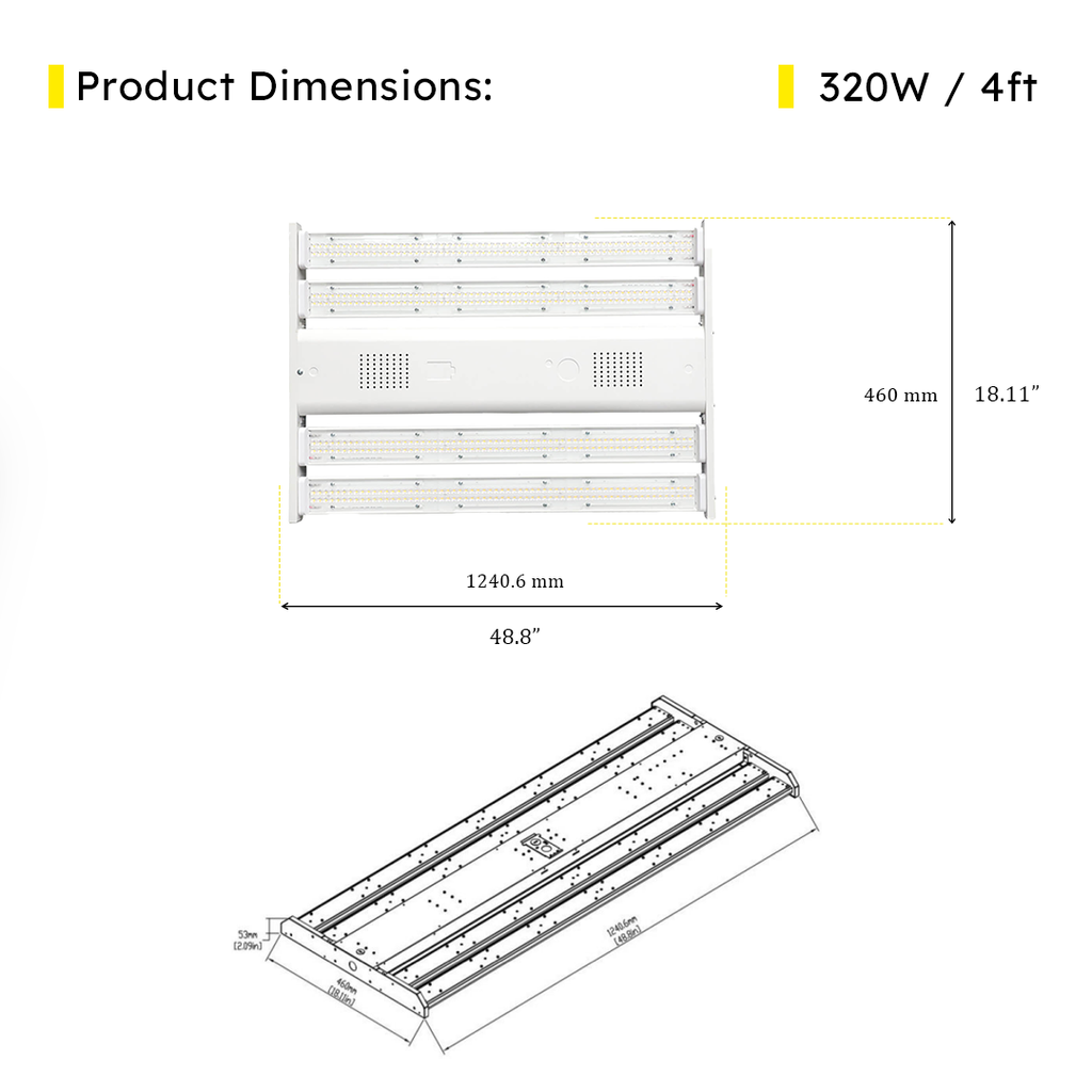 4ft LED Linear High Bay 320W 5000K 55000 Lumens UL DLC Premium 5 Year Warranty - Dimmable - Chain Mount