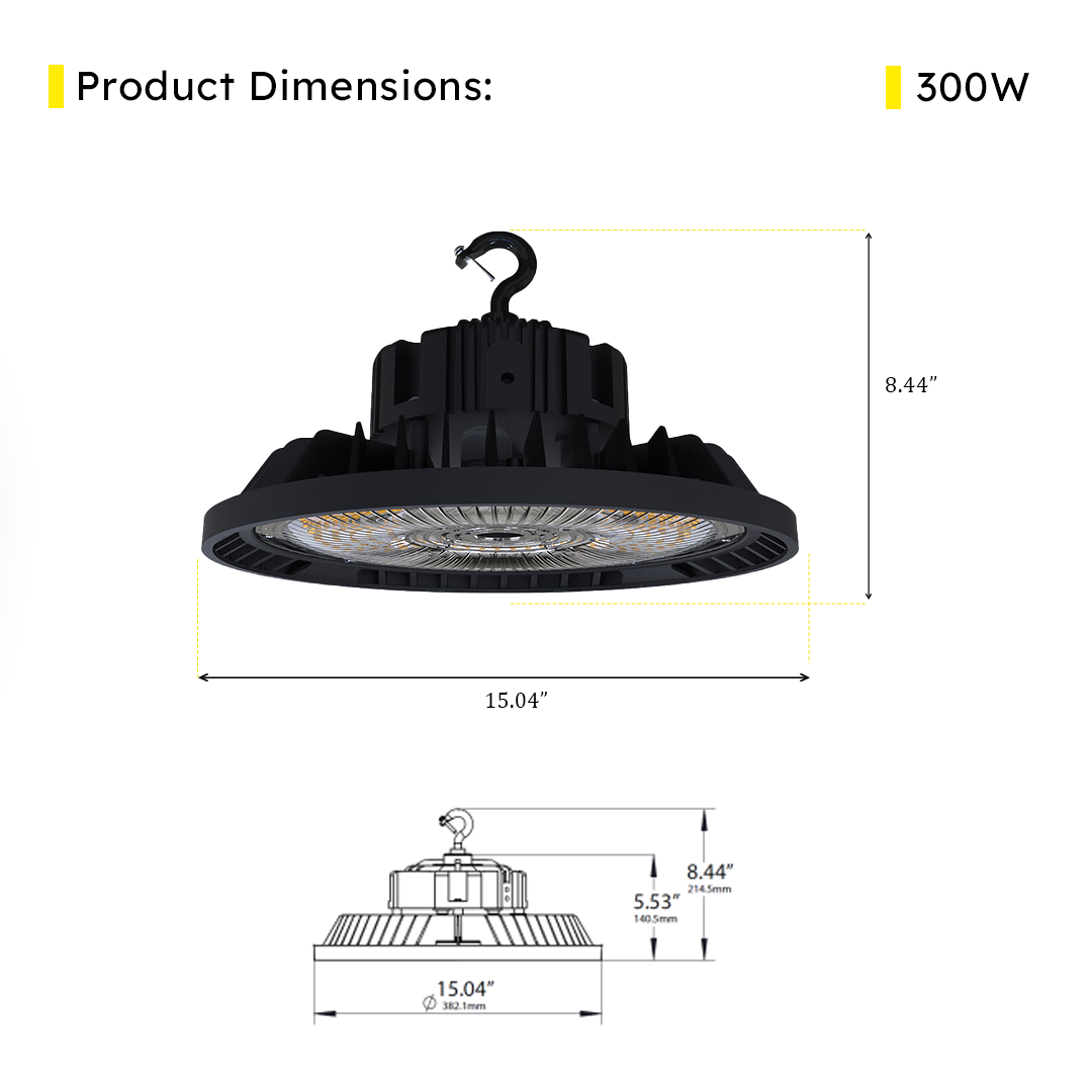LED UFO High Bay 300W 5000K 45000 Lumens IP66 UL DLC Premium - Dimmable - Hook Mount - V7