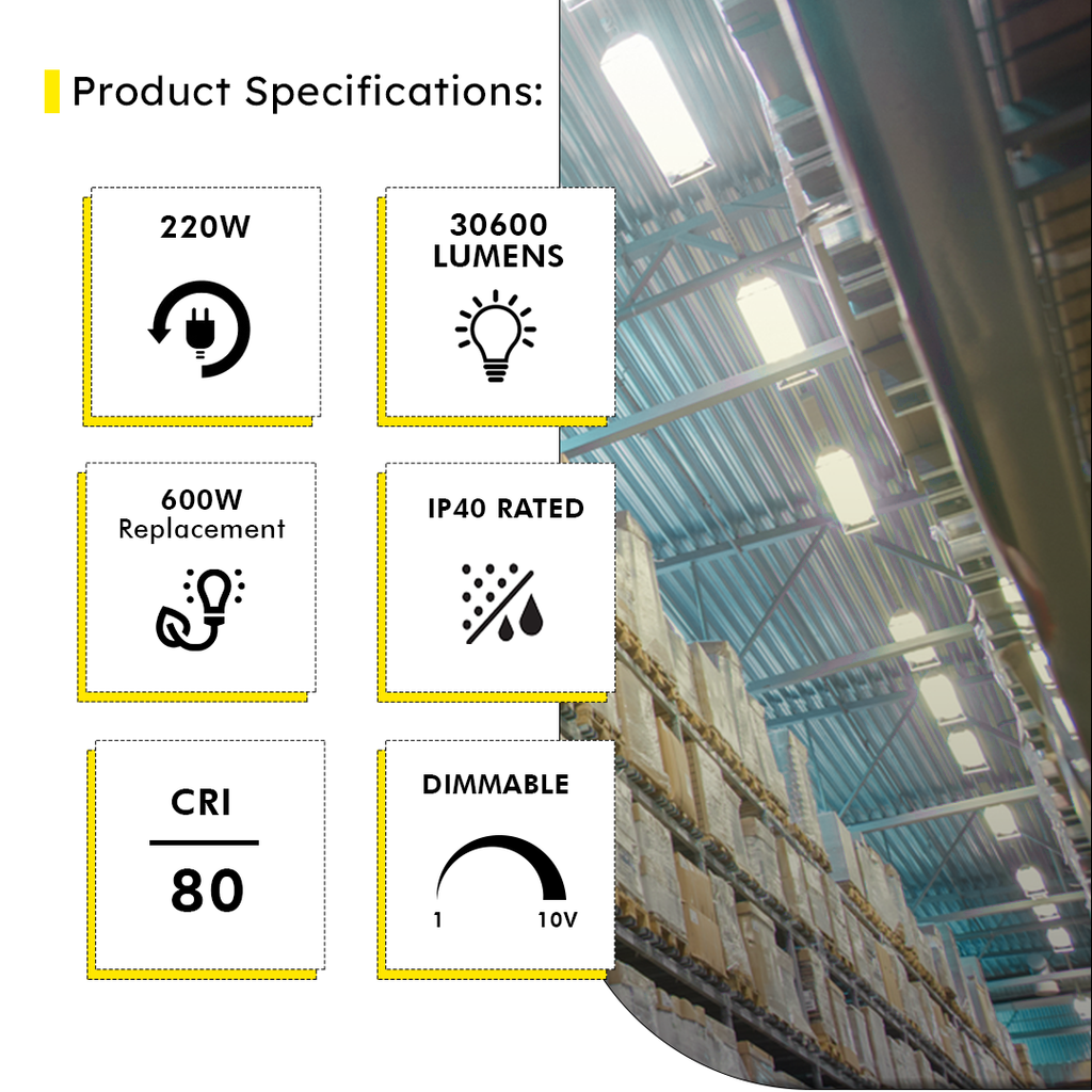 4ft LED Linear High Bay 220W 5000K 30600 Lumens - Frosted - DLC Premium 5 Year Warranty - Dimmable - Chain Mount