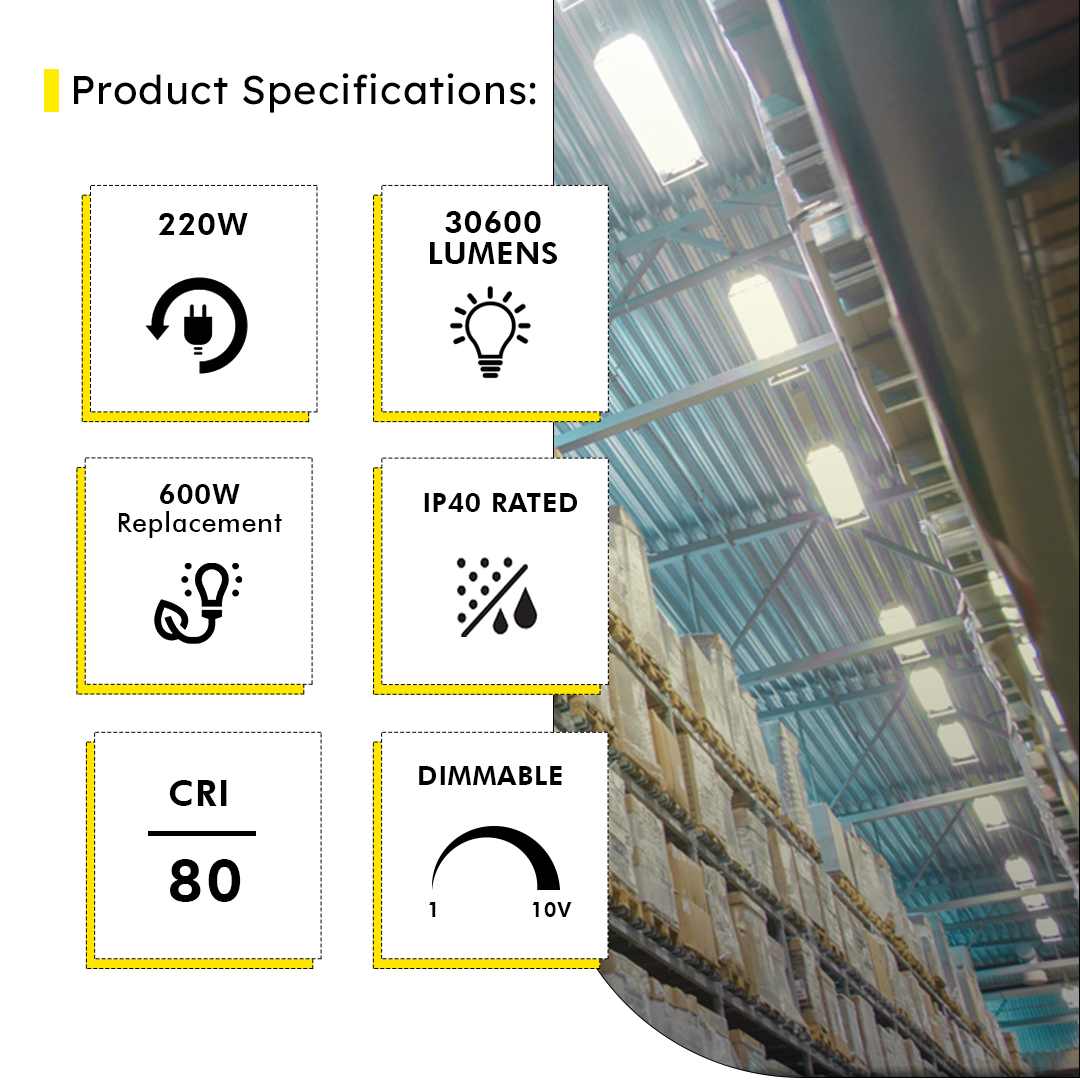 4ft LED Linear High Bay 220W 5000K 30600 Lumens - Frosted - DLC Premium 5 Year Warranty - Dimmable - Chain Mount