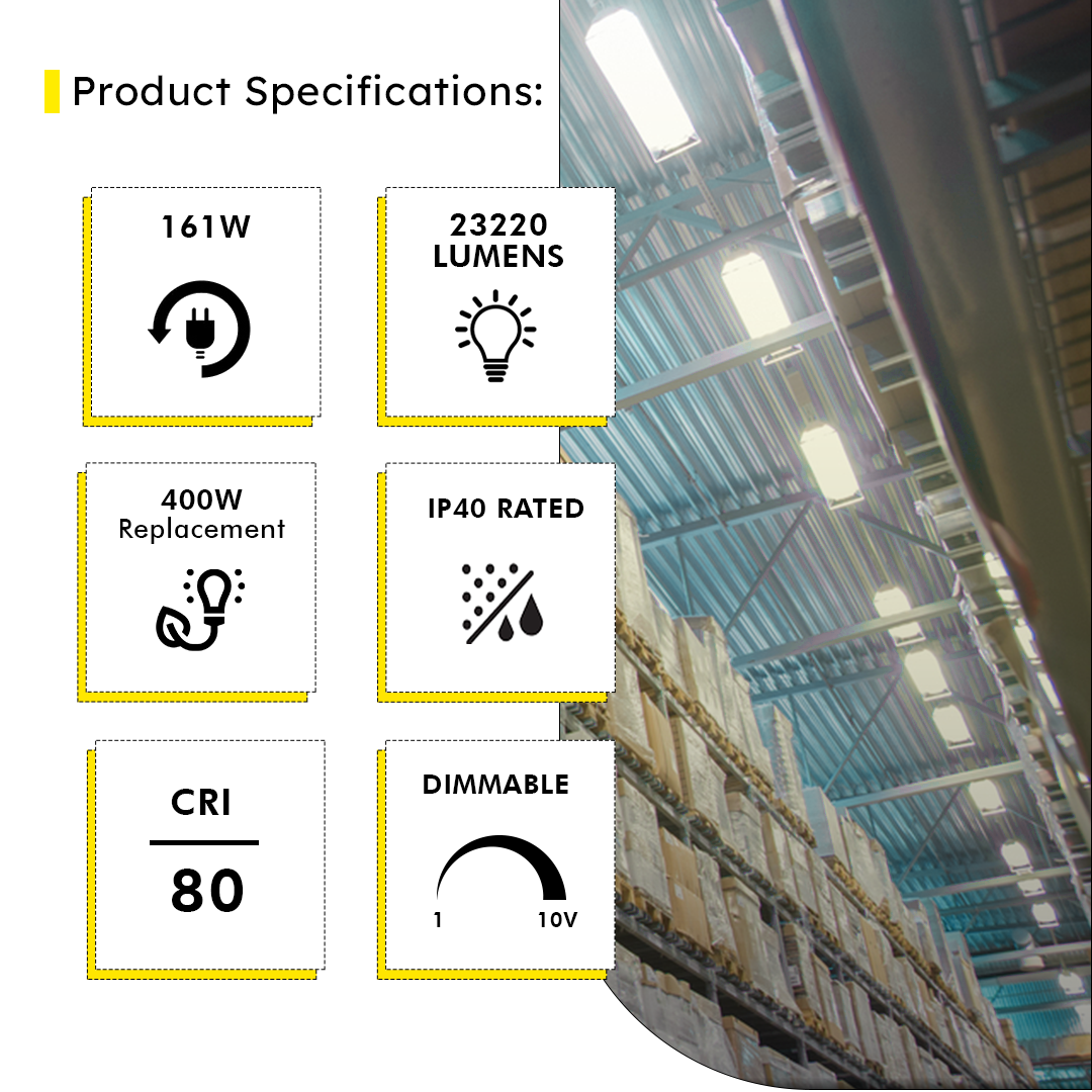 2ft LED Linear High Bay 161W 5000K 23220 Lumens - Clear - DLC Premium 5 Year Warranty - Dimmable - Chain Mount