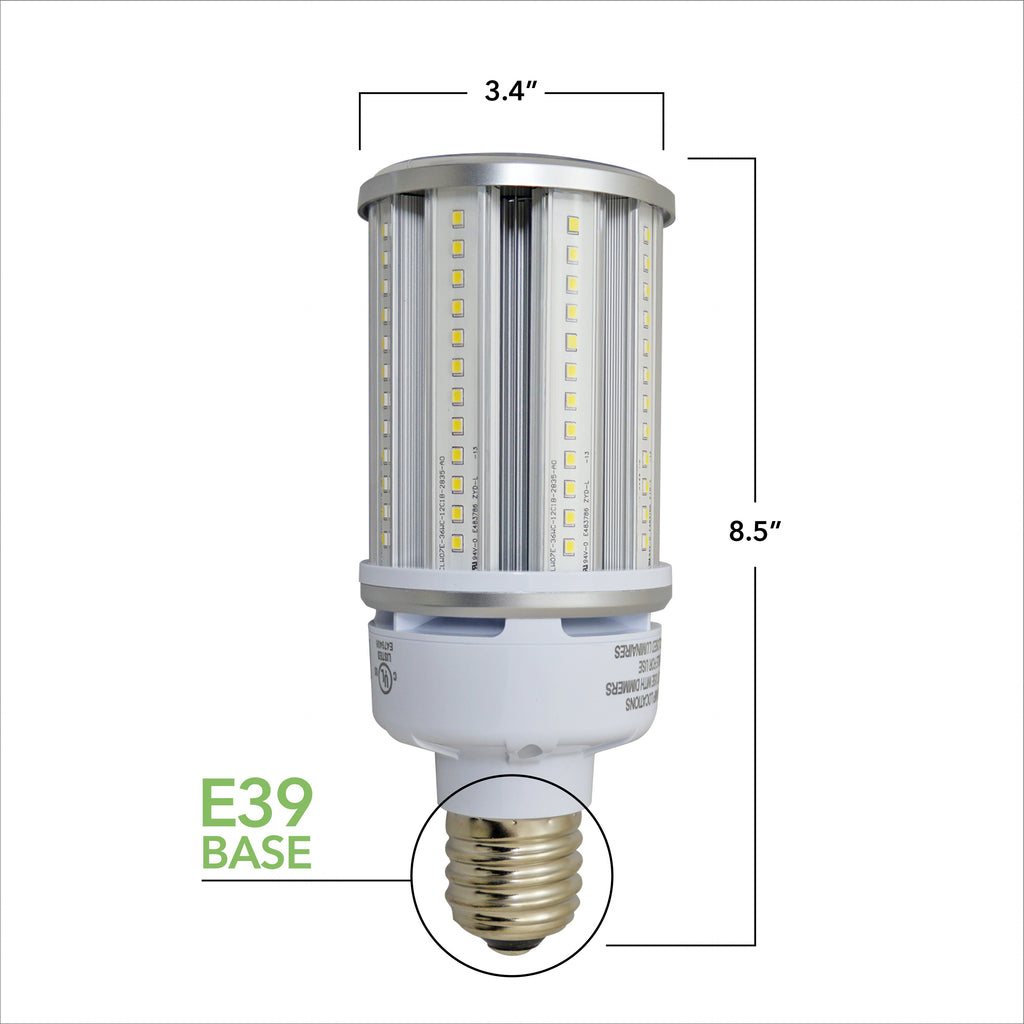 LED Corn Bulb 36W - Clear - 360 Degree - E26 & E39 Base - IP65 UL DLC Certified 5 Year Warranty