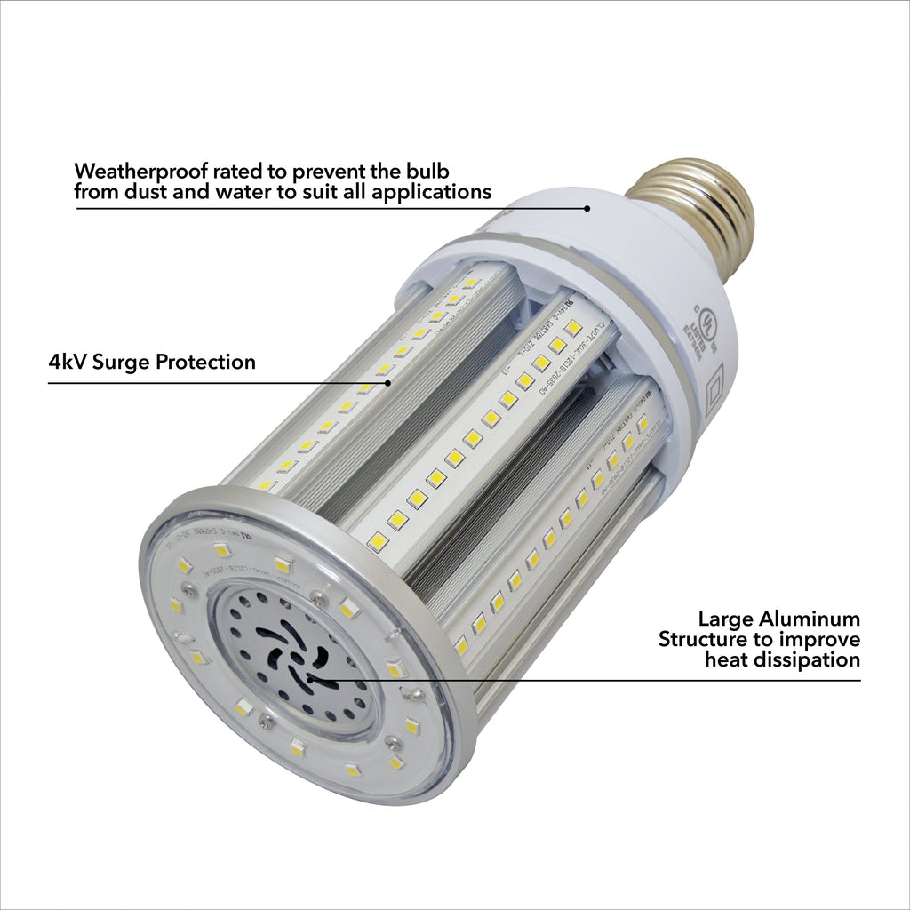 LED Corn Bulb 36W - Clear - 360 Degree - E26 & E39 Base - IP65 UL DLC Certified 5 Year Warranty