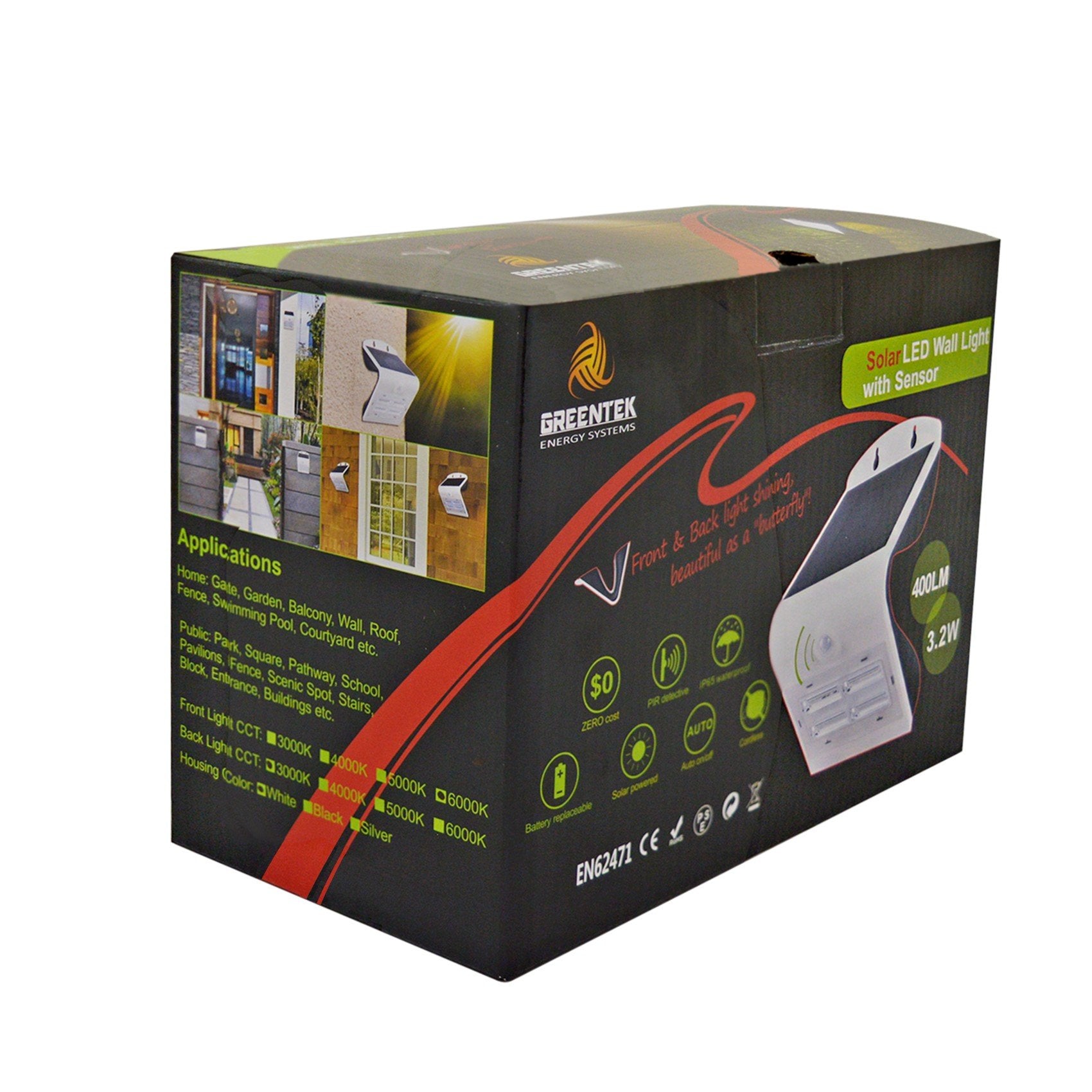 Solar LED Wall Mount Light 400 Lumens 6000K IP65 - Solar Panel 2.3W - LED 3.2W