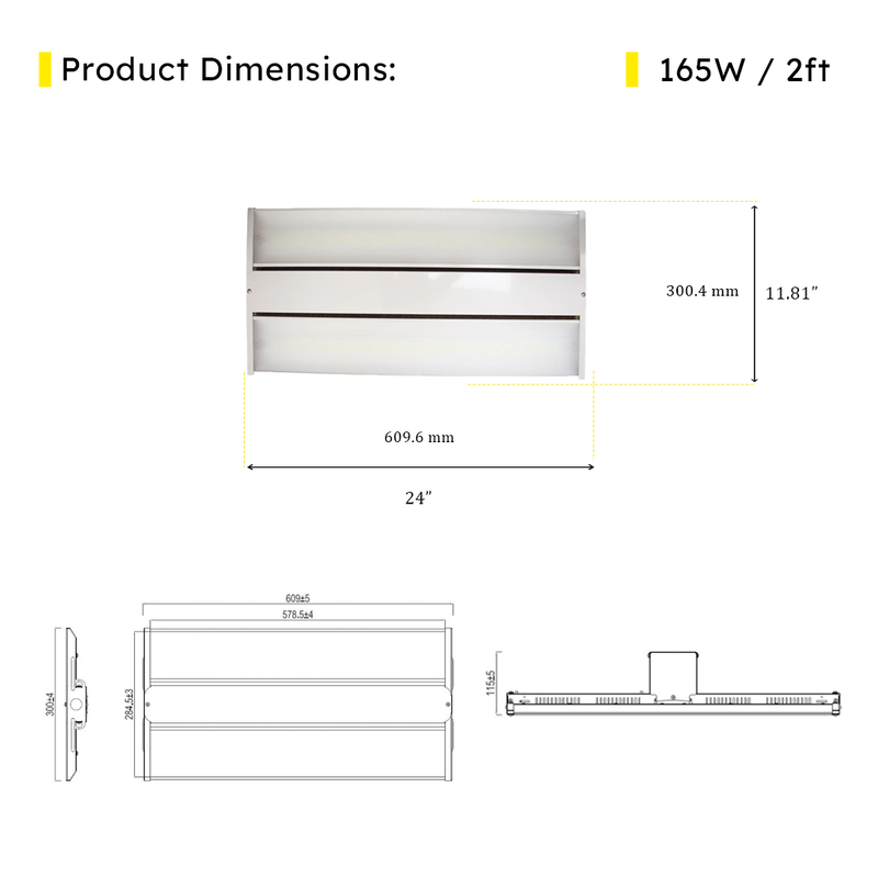 2ft LED Linear High Bay 165W 23100 Lumens - Frosted - UL DLC Certified 5 Year Warranty - Dimmable - Chain Mount