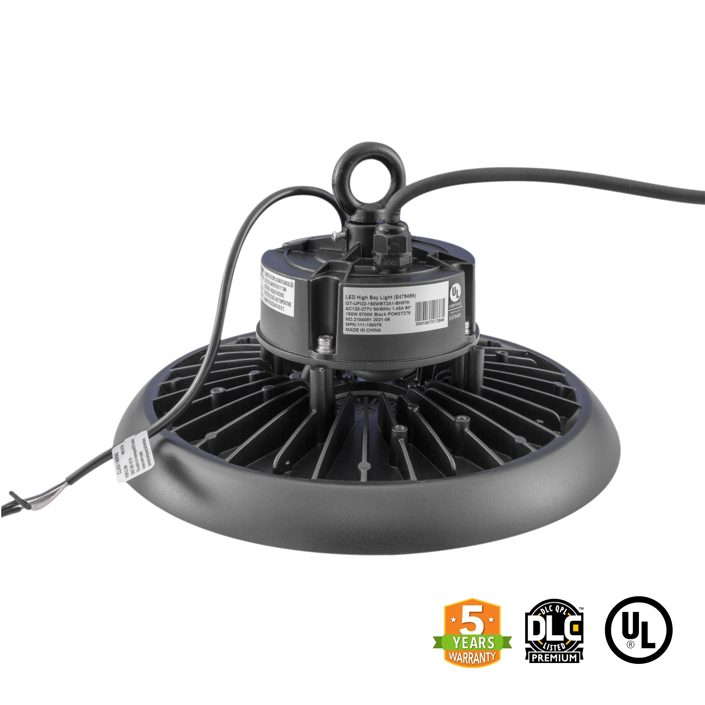 LED UFO High Bay 150W 5700K 20900 Lumens IP65 UL DLC Certified 5 Year Warranty - With Motion Sensor - Hook Mount - V3