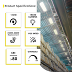 2ft LED Linear High Bay 110W 15400 Lumens - Frosted - UL DLC Certified 5 Year Warranty - Dimmable - Chain Mount