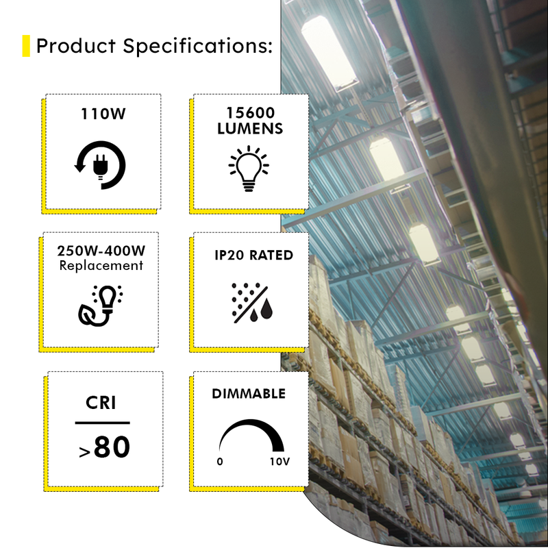 2ft LED Linear High Bay 110W 15400 Lumens - Frosted - UL DLC Certified 5 Year Warranty - Dimmable - Chain Mount