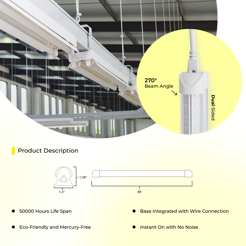T8 8ft V - Shaped LED Integrated Tube Light 60W 7200 Lumens - Clear - ETL Listed 3 Year Warranty