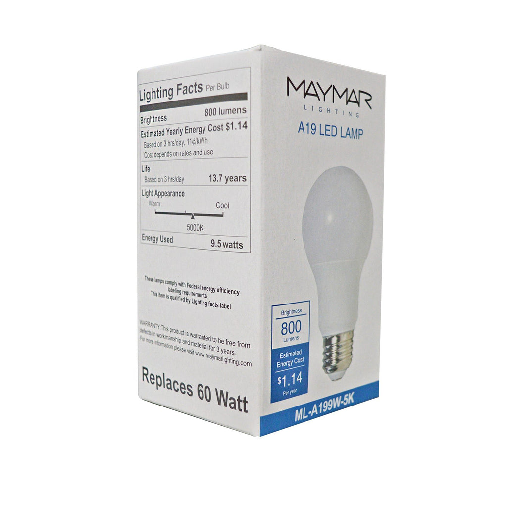 LED Bulb - A19 - E26 Base - 9.5W 800 Lumens UL ES Certified - Dimmable