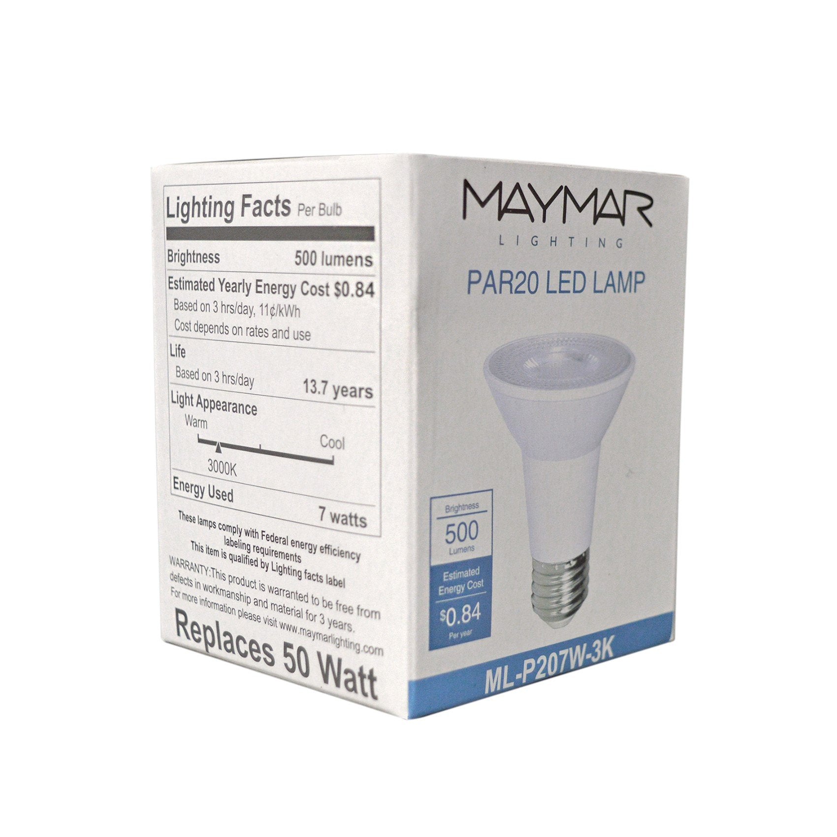 LED Light Bulb - PAR20 - E26 Base - 7W 500 Lumens UL ES Certified - Dimmable