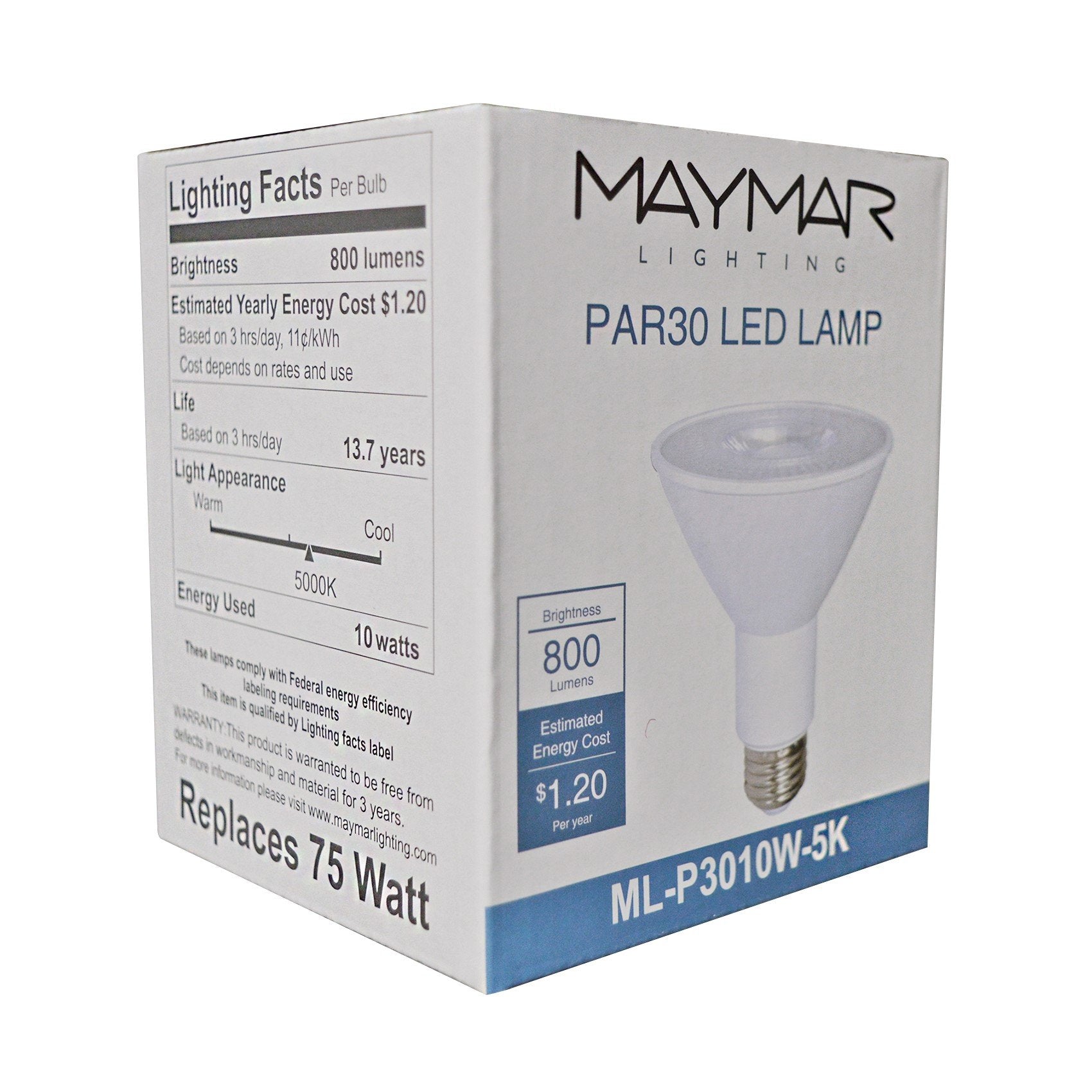 LED Light Bulb - PAR30 - E26 Base - 10W 800 Lumens UL ES Certified - Dimmable