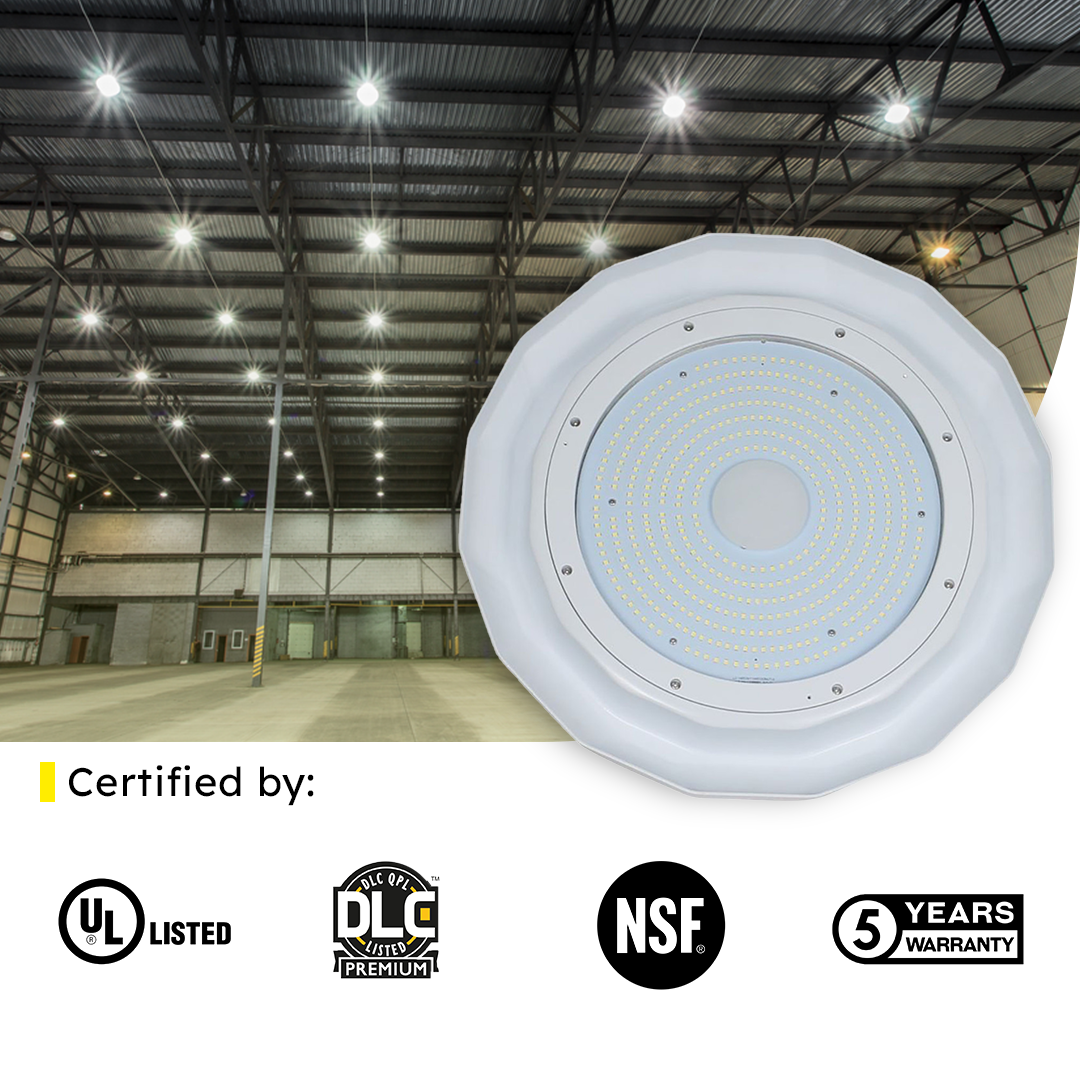 LED UFO High Bay 150W 5000K 21900 Lumens White IP66 NSF DLC Premium - Dimmable - Hook Mount - V4