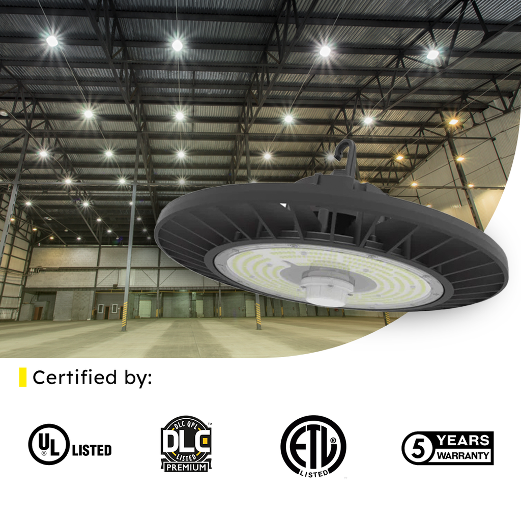 LED UFO High Bay 200W 5000K 30600 Lumens IP65 DLC Premium - Slim - Dimmable - Hook Mount - V5