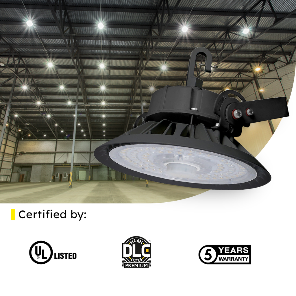 LED UFO High Bay 150W 5000K 22800 Lumens IP65 UL DLC Premium - Dimmable - Hook Mount - High Voltage - V6