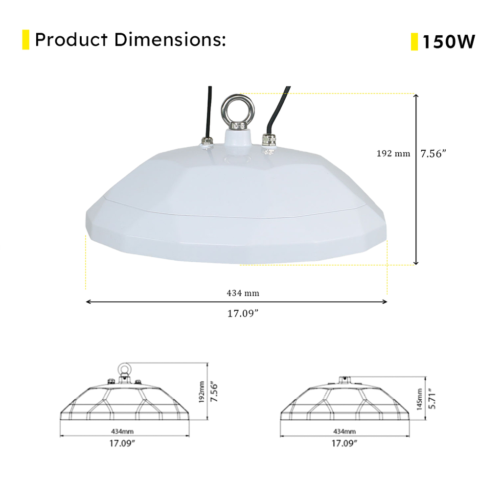LED UFO High Bay 150W 5000K 21900 Lumens White IP66 NSF DLC Premium - Dimmable - Hook Mount - V4
