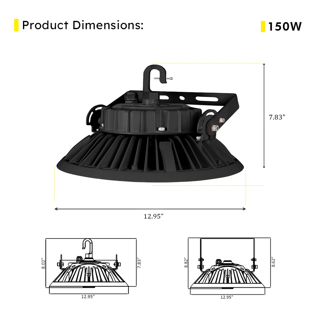 LED UFO High Bay 150W 5000K 22800 Lumens IP65 UL DLC Premium - Dimmable - Hook Mount - High Voltage - V6