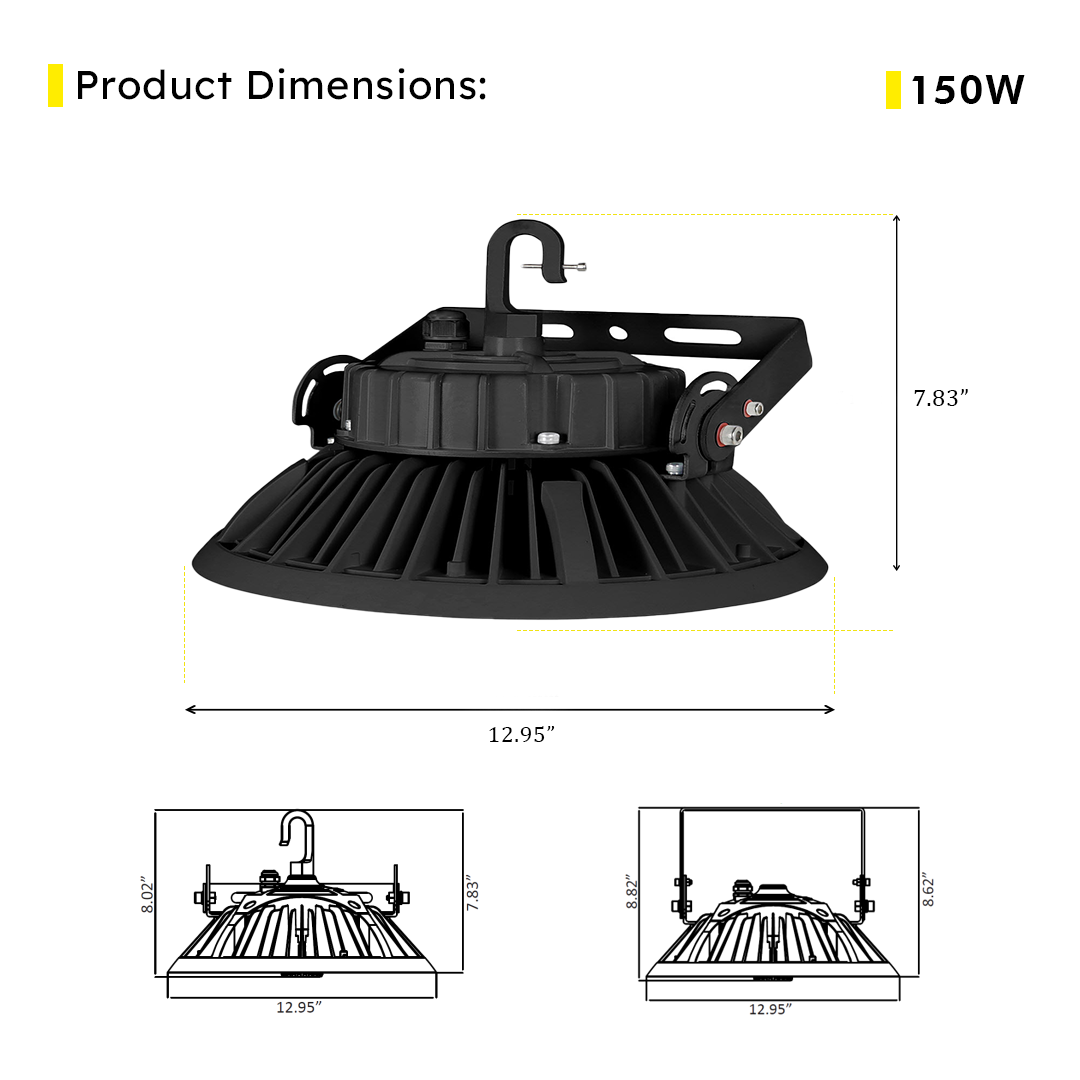 LED UFO High Bay 150W 5000K 22800 Lumens IP65 UL DLC Premium - Dimmable - Hook Mount - High Voltage - V6