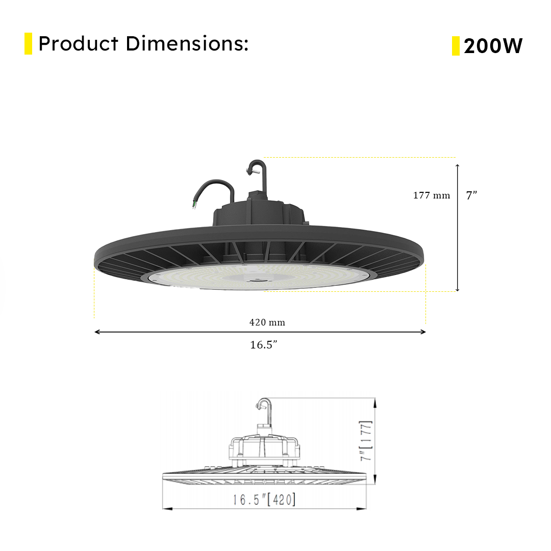 LED UFO High Bay 200W 5000K 30600 Lumens IP65 DLC Premium - Slim - Dimmable - Hook Mount - V5