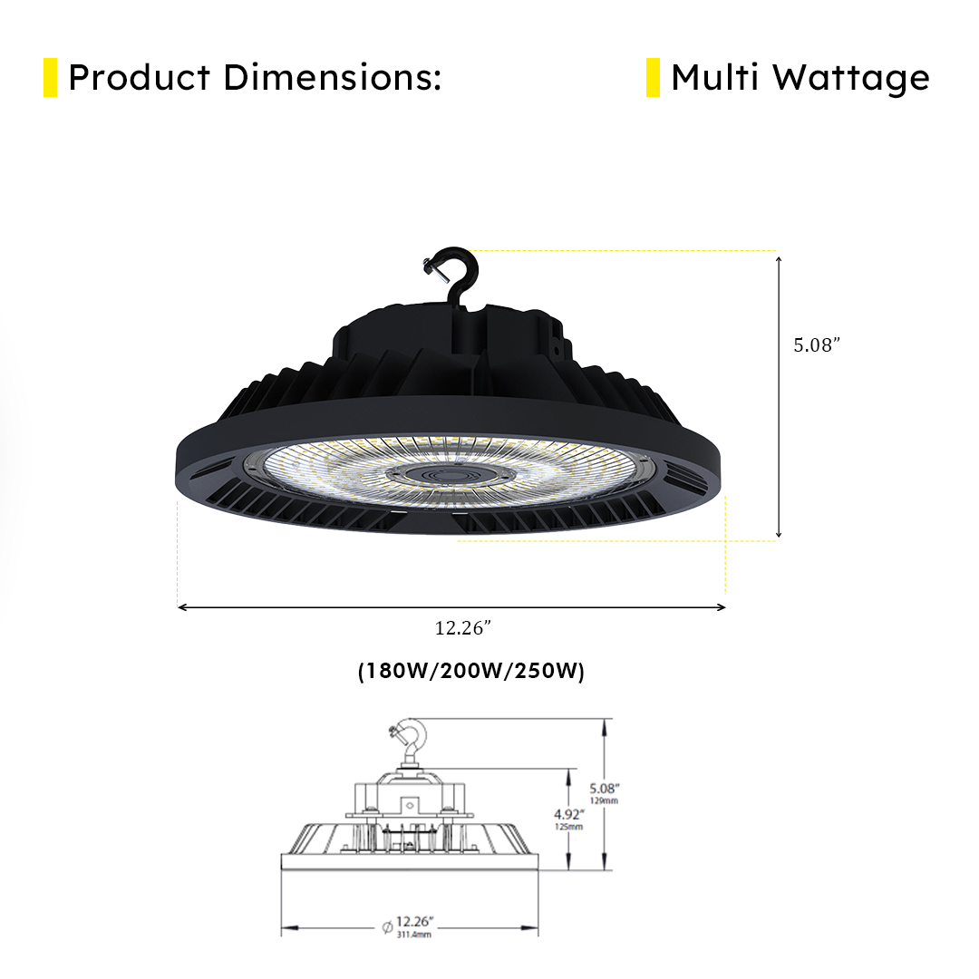 LED UFO High Bay Multi Wattage (180W/200W/250W) 5000K IP66 UL DLC Premium 5 Year Warranty - Dimmable - Hook Mount - V7