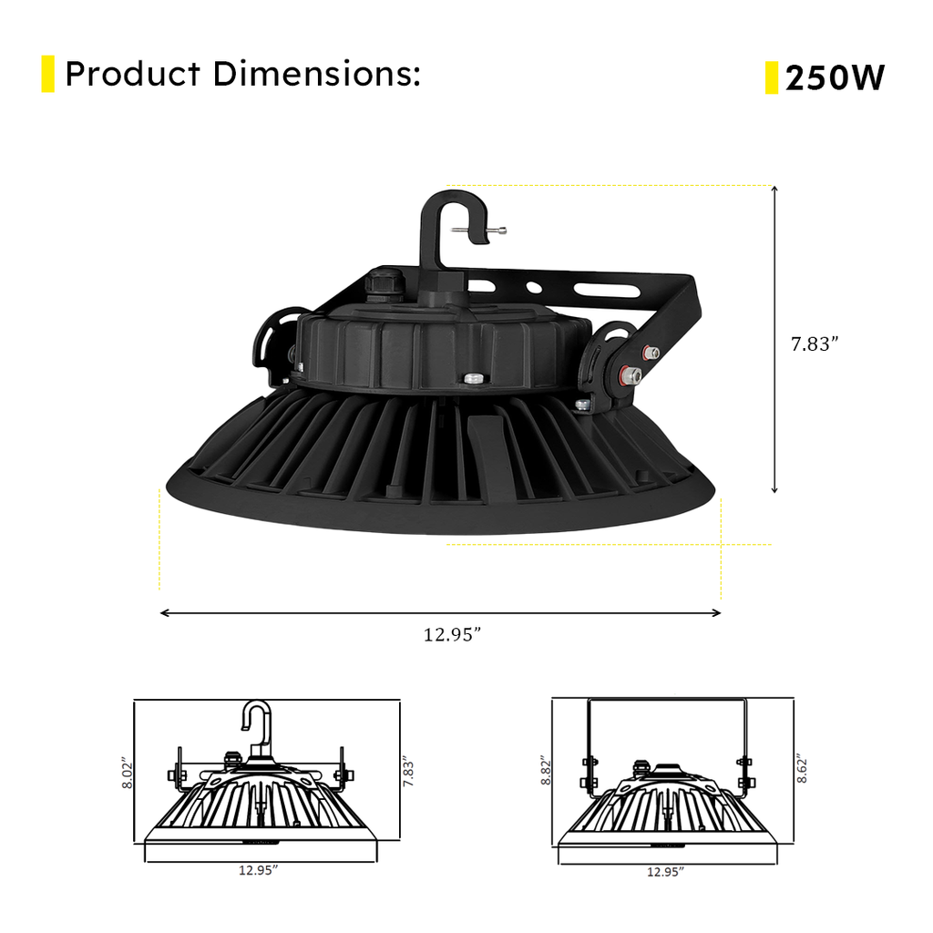 LED UFO High Bay 250W 5000K 37700 Lumens IP65 DLC Premium - Dimmable - Hook Mount - High Voltage - V6