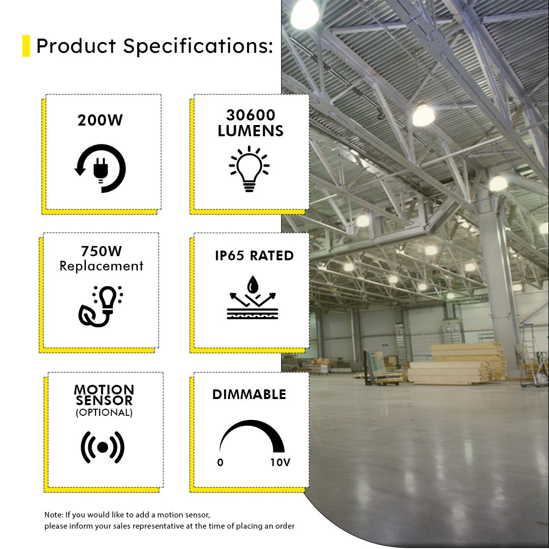 LED UFO High Bay 200W 5000K 30600 Lumens IP65 DLC Premium - Dimmable - Hook Mount - High Voltage - V6