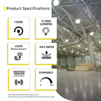 LED UFO High Bay 150W 5000K 21900 Lumens White IP66 NSF DLC Premium - Dimmable - Hook Mount - V4