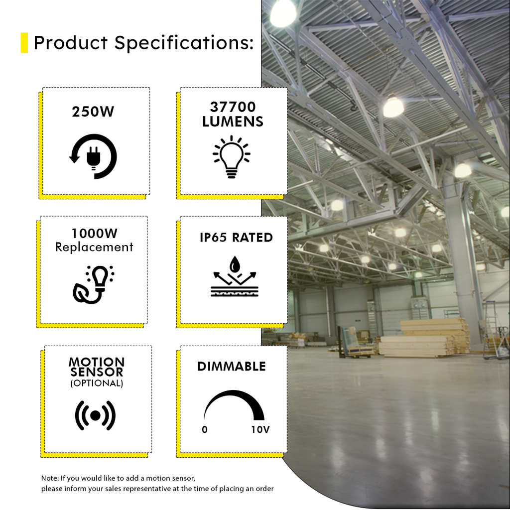 LED UFO High Bay 250W 5000K 37700 Lumens IP65 DLC Premium - Dimmable - Hook Mount - High Voltage - V6