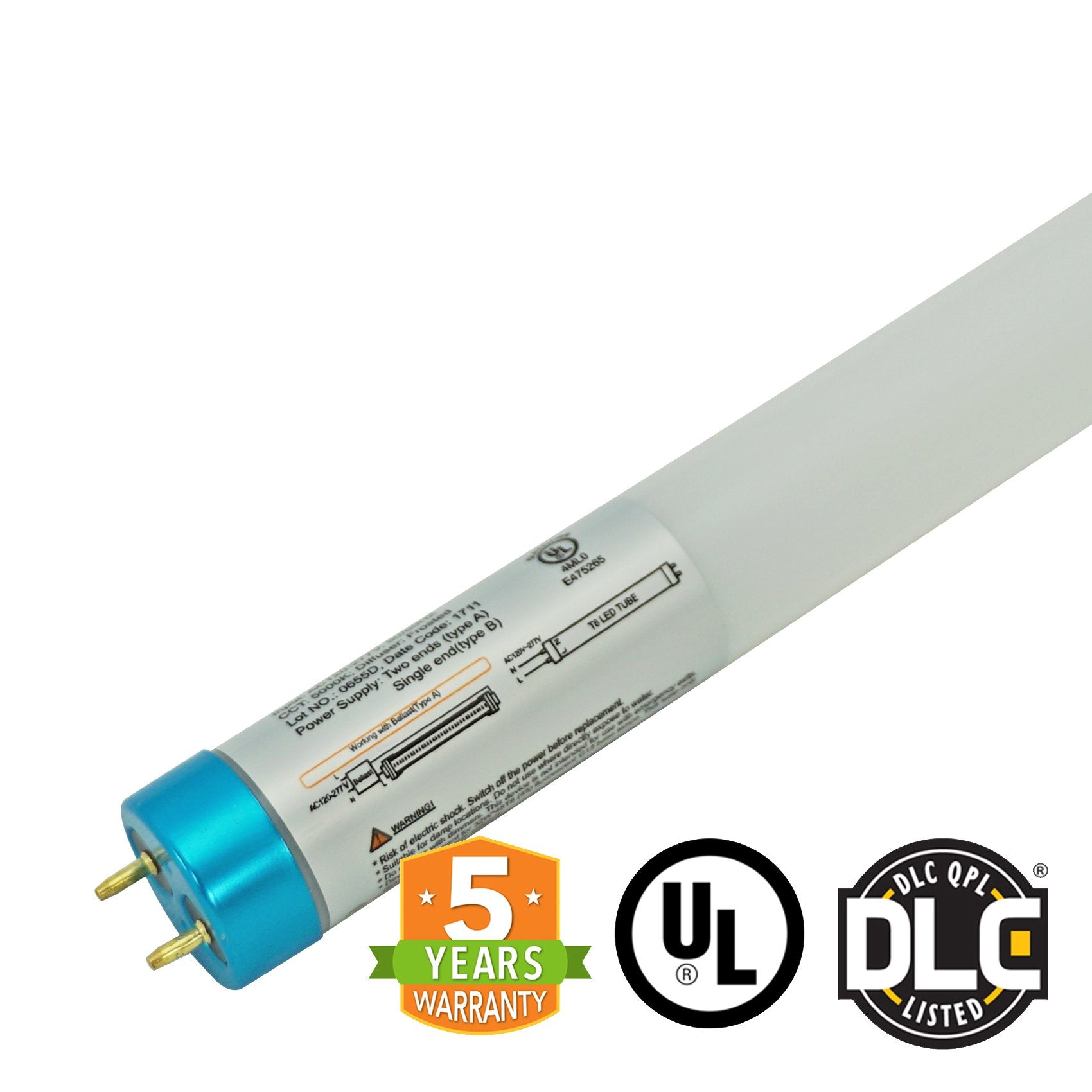 Hybrid T8 4ft LED Tube Light - Glass - G13 Base - 18W 2340 Lumens UL DLC Certified 5 Year Warranty - Ballast Compatible or Bypass - Pack of 25