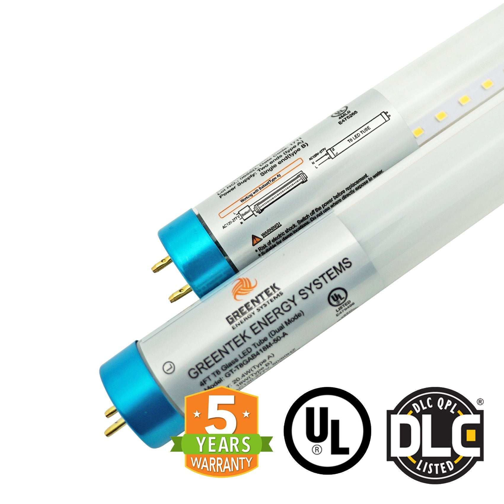 Hybrid T8 4ft LED Tube Light - Glass - G13 Base - 18W 2340 Lumens UL DLC Certified 5 Year Warranty - Ballast Compatible or Bypass - Pack of 25
